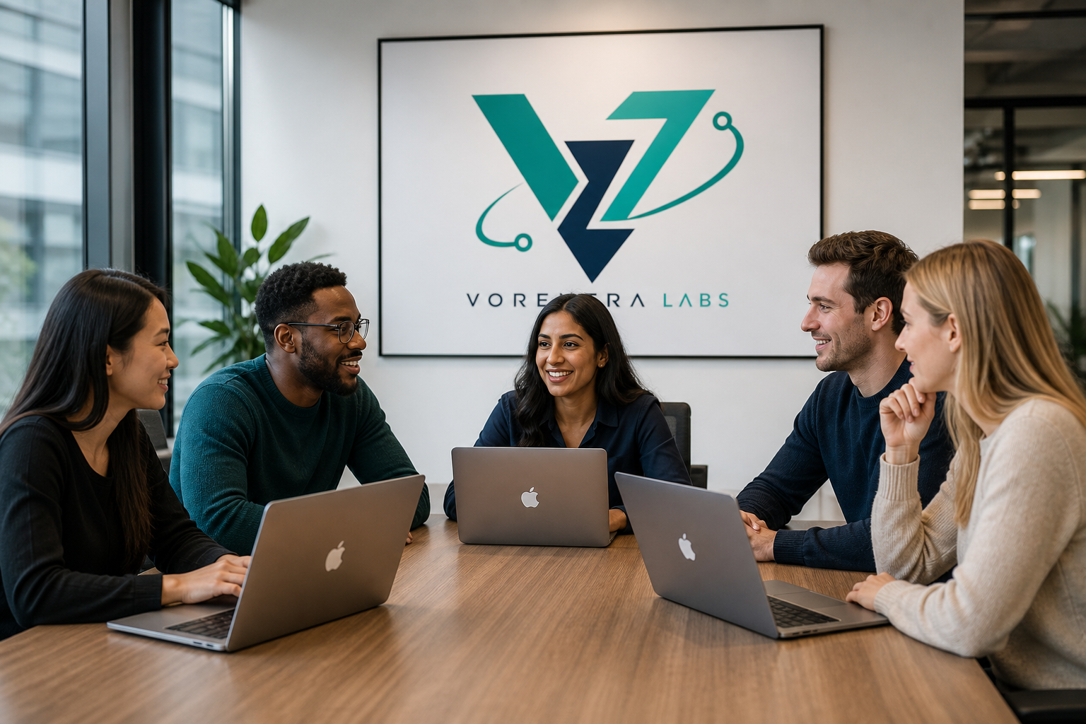 Diverse product team collaborating around a laptop