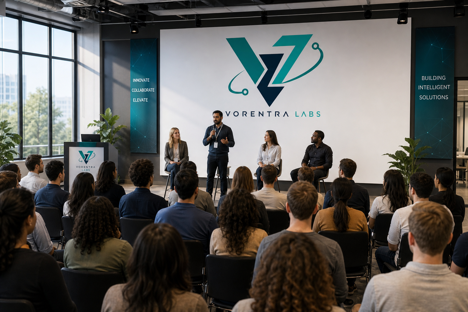 VORENTRA LABS leadership presenting at a town hall meeting